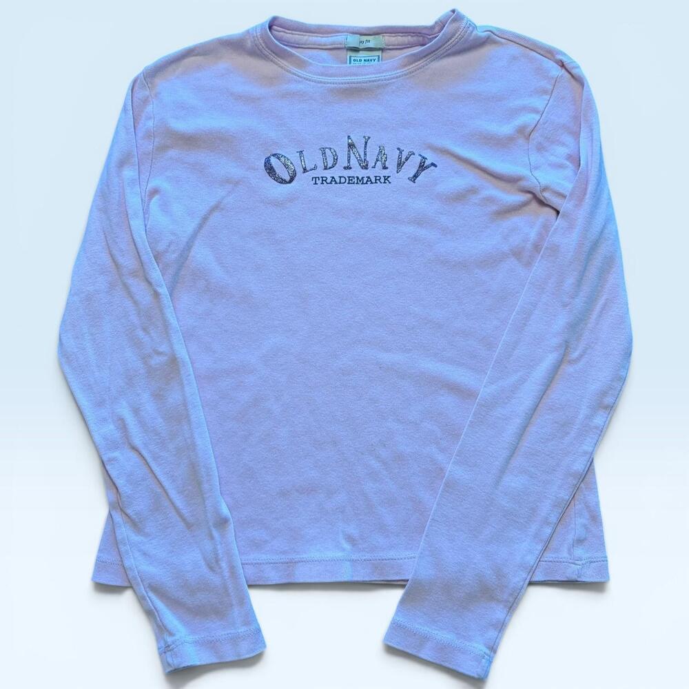 Vtg Y2K Old Navy Shirt Womens XS Pink Long Sleeve Glitter Logo Graphic T-Shirt